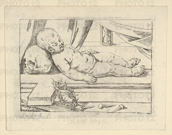 The infant Christ asleep on a cross, his head resting on a skull, a crown of thorn..., 17th century. Creator: Anon.