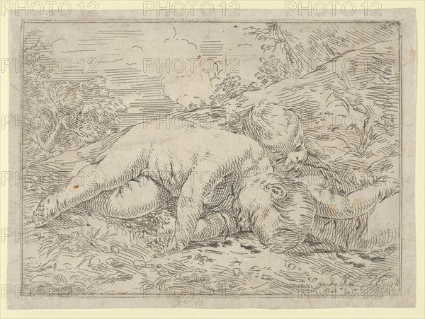 Two putti sleeping in a landscape, after Reni, 1637., 1637. Creator: Anon.