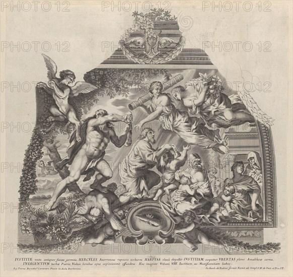 Plate 6: Allegory with Hercules chasing off the Harpies as Justice and Plenty aid the ..., ca. 1677. Creator: Anon.