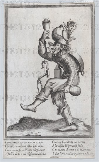 A caricature figure (a carpenter?) with a toad on his nose, carrying various implem..., ca. 1640-60. Creator: Anon.