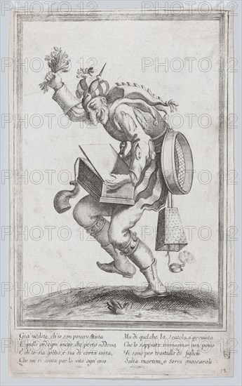 A caricature figure representing a poor itinerant artist loaded with various implem..., ca. 1640-60. Creator: Anon.