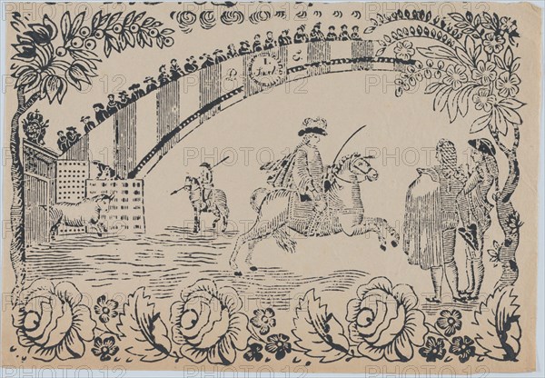 Suerte I: Bull entering the bullring after a law officer on horseback; two toreros ..., ca. 1850-80. Creator: Anon.
