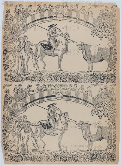 Suerte II: Picador on horseback about to stab a bull with a pique; two toreros behi..., ca. 1850-80. Creator: Anon.