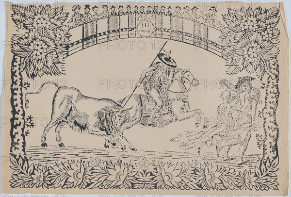 Suerte III: Picador stabbing a bull; two toreros running to right, ca. 1850-80., ca. 1850-80. Creator: Anon.