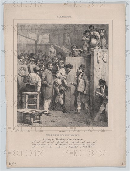 Responsibilities of an Atelier: Number 1: The Arrival and Reception of a Newcomer, 1832., Creator: Hippolyte Bellangé.