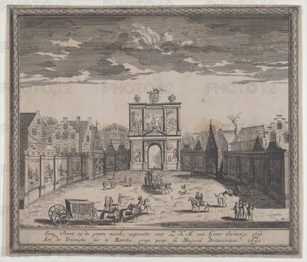 Triumphal arch erected in celebration of the entry of King William III, 1691. Creator: Hugo Allard.