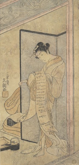 The Oiran Hanagiku Reading a Love Letter While Standing, ca. 1769. Creator: Ippitsusai Buncho.
