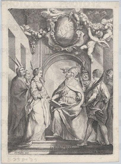 Saint Gregory surrounded by other saints, in front of an archway with putti holding..., ca. 1711-54. Creator: Jacob de Wit.