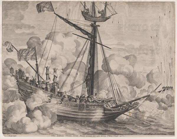 Plate 37: Triumphal ship with fireworks display to the right; from Guillielmus Becanus's '..., 1636. Creators: Jacob Neeffs, Johannes Meursius, Willem van der Beke.
