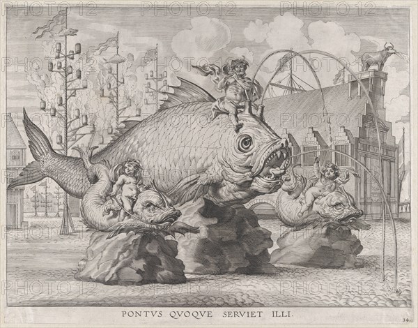 Plate 34: King Ferdinand as Neptune, seated on a whale at center, with putti atop two smal..., 1636. Creators: Jacob Neeffs, Johannes Meursius, Willem van der Beke.