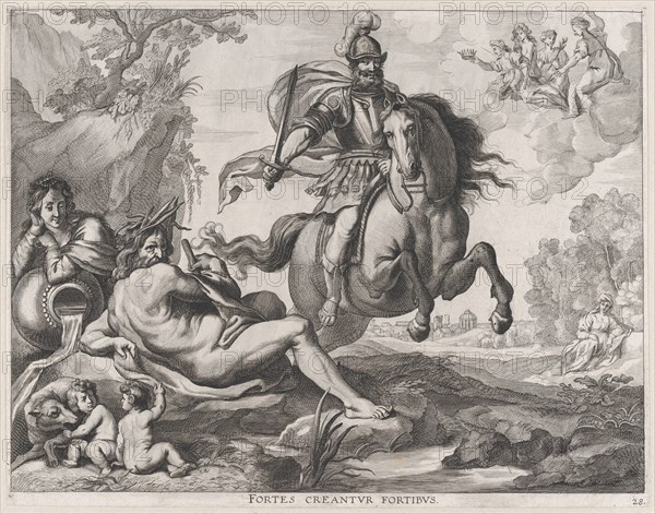 Plate 28: Mars on horseback at center, and Romulus and Remus with the wolf at lower left; ..., 1636. Creators: Jacob Neeffs, Johannes Meursius, Willem van der Beke.