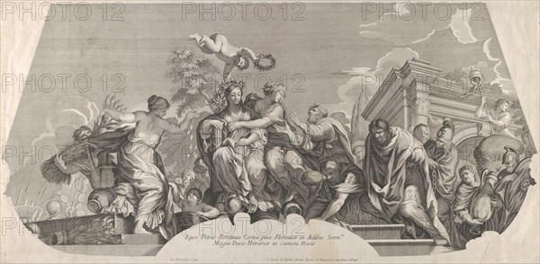 An allegorical composition with Charity and prisoners in chains; a plate from Rossi's seri..., 1677. Creator: Jacques Blondeau.