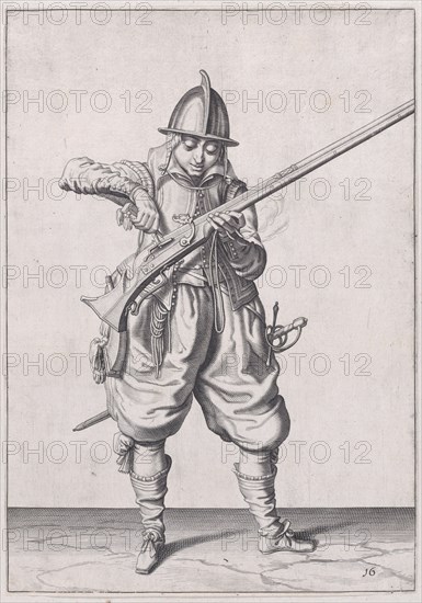 A soldier pouring powder into the pan, from the Marksmen series, plate 16, in Wa..., published 1608. Creator: Robert Willemsz de Baudous.