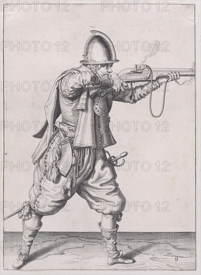 A soldier taking aim, from the Marksmen series, plate 11, in Waffenhandlung von ..., published 1608. Creator: Robert Willemsz de Baudous.