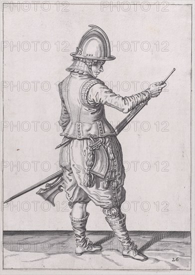 A soldier ramming home powder and bullet with the ramrod, from the Marksmen seri..., published 1608. Creator: Robert Willemsz de Baudous.