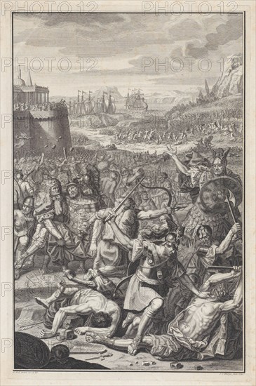 Battle scene with a man about to be stabbed with a sword at lower right, 1730. Creator: Jan Caspar Philips.