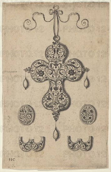 Design for the Verso of a Cross-Shaped Pendant Above a Pair of Oval Ornaments and A..., before 1573. Creator: Jan Collaert I.