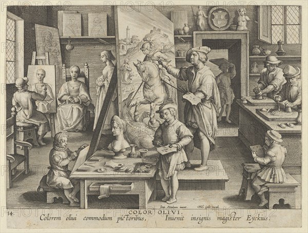 New Inventions of Modern Times [Nova Reperta], The Invention of Oil Painting, plate 14..., ca. 1600. Creator: Jan Collaert I.