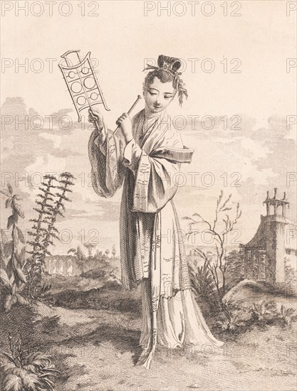 Chinoiserie with a woman playing a musical instrument, from Suite de Figures Chinoises...., 1755-76. Creator: Jean-Pierre Houel.