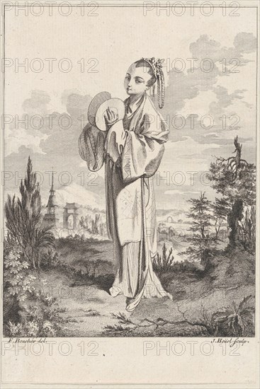 Chinoiserie with a woman holding cymbals, from Suite de Figures Chinoises. . .Tiré du C..., 1755-76. Creator: Jean-Pierre Houel.
