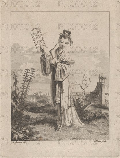 Chinoiserie with a woman playing a musical instrument, from Suite de Figures Chinoises...., 1755-76. Creator: Jean-Pierre Houel.