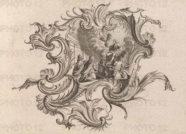 Design for a Cartouche and Representation of 'Smell', Plate 5 from 'Neu Inv..., Printed ca. 1750-56. Creator: Johann Georg Pintz.