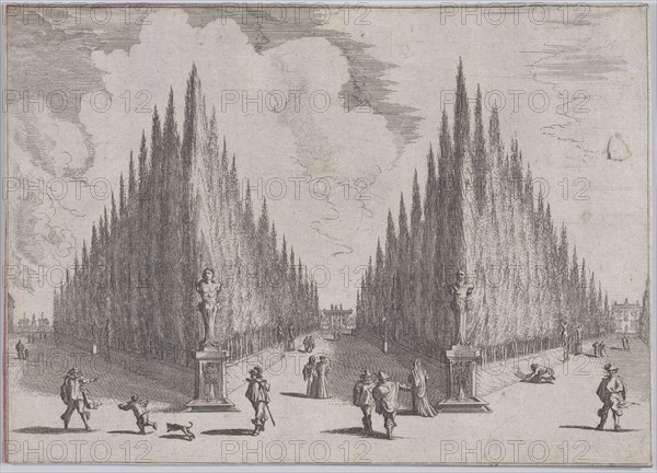 Three alleés separated by two groups of trees in pointed configurations, from 'Views of Ga..., 1636. Creator: Johann Wilhelm Baur.