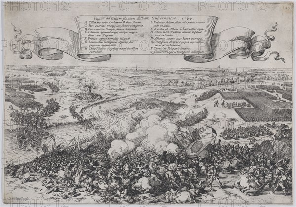 Battle scene: forces led by William of Orange crossing the Gete River to attack the Duke o..., 1632. Creator: Johann Wilhelm Baur.