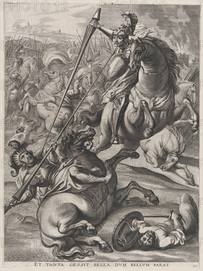 Plate 16: Battle of Achilles against the Trojans; from Guillielmus Becanus's 'Serenissimi ..., 1636. Creators: Johannes Meursius, Willem van der Beke.