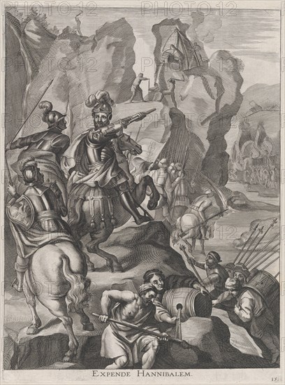 Plate 15: Ferdinand as Hannibal crossing the Alps; from Guillielmus Becanus's 'Serenissimi..., 1636. Creators: Johannes Meursius, Willem van der Beke.