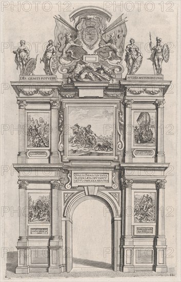 Plate 12: Triumphal arch, elevation of the back facade, surmounted with the arms of Ferdin..., 1636. Creators: Johannes Meursius, Willem van der Beke.