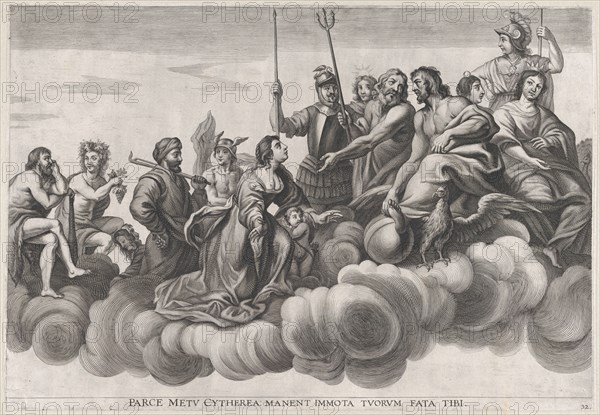 Plate 32: Venus asking Jupiter for protection; from Guillielmus Becanus's 'Serenissimi Pri..., 1636. Creators: Johannes Meursius, Willem van der Beke.