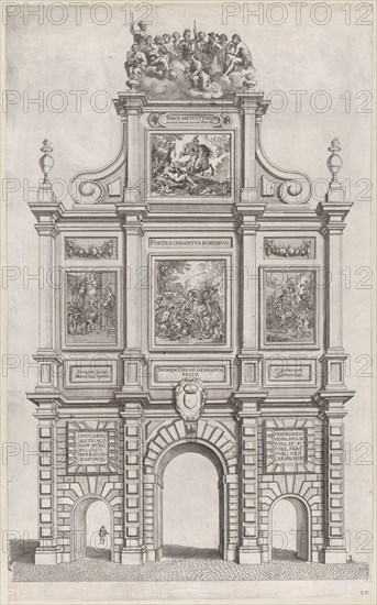 Plate 27: Triumphal arch, elevation of the back, surmounted by allegorical figures and dec..., 1636. Creators: Johannes Meursius, Willem van der Beke.