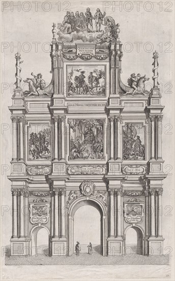 Plate 19: Triumphal arch, elevation of the front, surmounted by a cloud bearing Ferdinand ..., 1636. Creators: Johannes Meursius, Willem van der Beke.
