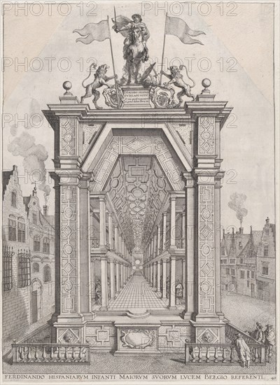 Plate 40: Design for festival architecture honoring the Spanish Prince Ferdinand's triumph..., 1636. Creators: Johannes Meursius, Willem van der Beke.