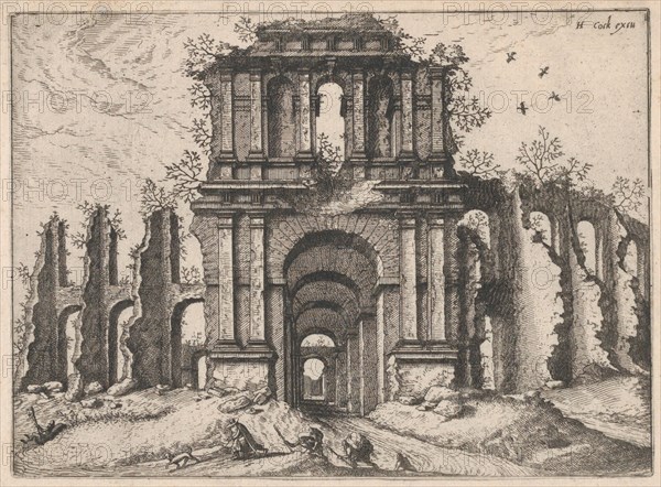 Two Story Entrance Flanked by Coupled Pilasters, from the series Roman Ruins and Buildings..., 1562. Creators: Johannes van Doetecum I, Lucas van Doetecum.