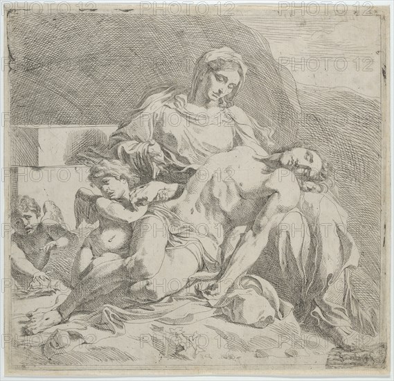 Pietà, the dead Christ supported by the Virgin, putti at the left, ca. 1633-46. Creator: Joost de Pape.