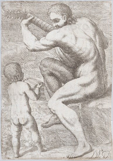 Study of a naked man playing a vihuela, a child holding a sheet of music at the left, ..., ca. 1693. Creator: José García Hidalgo.