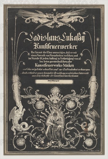 Trade card for Ladislas Lukassy Kunstfeuerwerker, 19th century. Creator: Joseph Franz Kaiser.