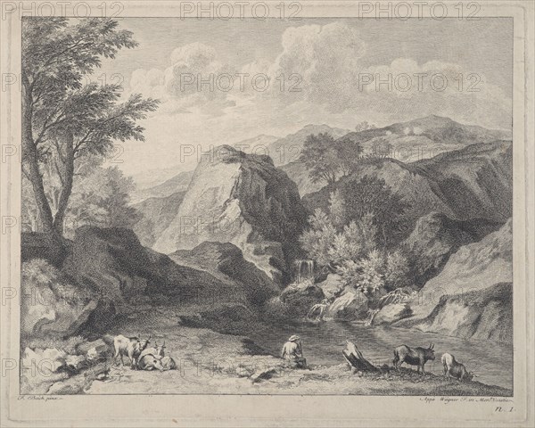 Mountainous landscape with herdsmen and cows, ca. 1725-80. Creator: Joseph Wagner.