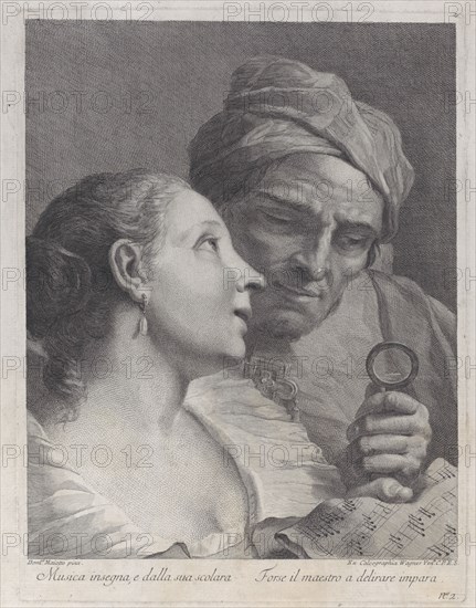 A schoolgirl and her music teacher looking at a sheet of music, 1725-80. Creator: Joseph Wagner.
