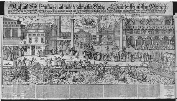 Procession of the Doge to the Bucintoro on Ascension Day, with a View of Venice, ca. 1565,..., 1697. Creator: Jost Ammon.