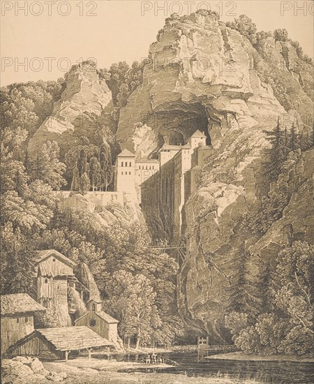 Das Schloss Prediama in Crein XII Stund: von Triest, 1816. Creator: Karl Friedrich Schinkel.