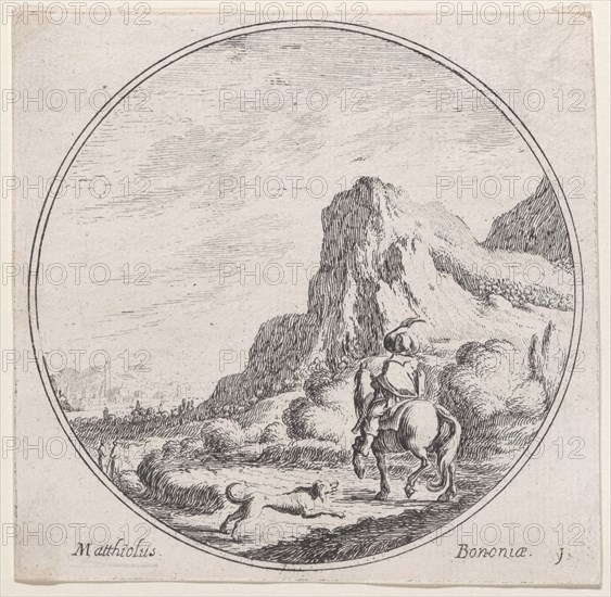 Plate 1: a horseman riding towards the left, followed by a dog, in a rocky landscape,..., 1680-1747. Creator: Lodovico Mattioli.