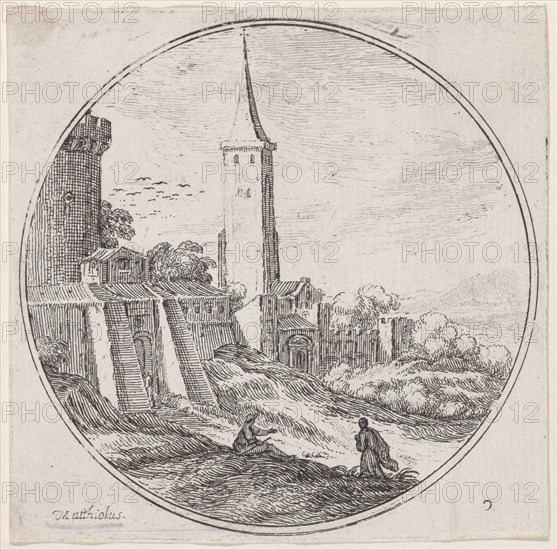Plate 2: two figures outside of the walls of a town, a tower at center, 1680-1747. Creator: Lodovico Mattioli.