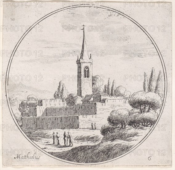 Plate 6: church steeple at center, with groups of people standing in a landscape belo..., 1680-1747. Creator: Lodovico Mattioli.