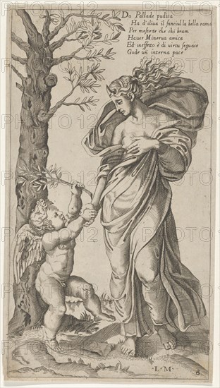 An allegory of Peace; Peace personified as a woman standing in a landscape holding the ..., 1530-40. Creator: Lorenzo de Musi.