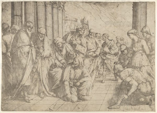 Christ kneels and writes on the pavement at center and a woman taken in adultery by three ..., 1653. Creator: Luca Giordano.