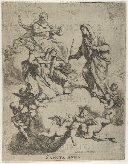 Christ holding a crown at upper left and the Virgin receiving Saint Anne in Heaven at r..., 1650-70. Creator: Luca Giordano.