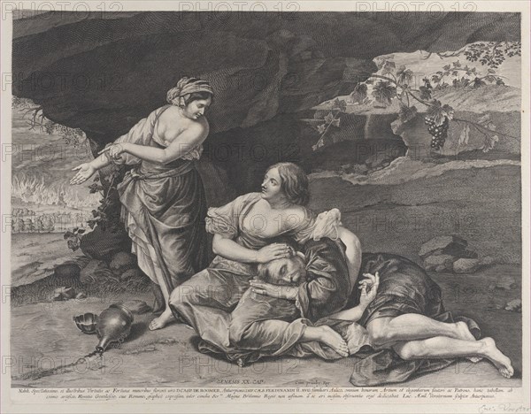 The drunkenness of Lot, who is asleep on his daughter's lap at center, while his other..., ca. 1628. Creator: Lucas Vorsterman.